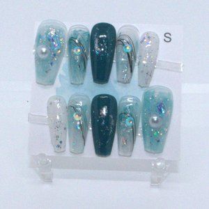 Aqua blue teal long press on nails pearls inlaid floral gel nails beauty DIY